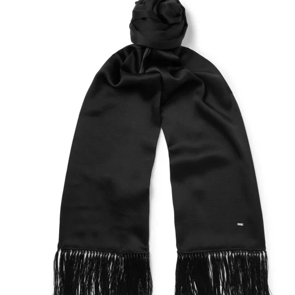 SAINT LAURENT - 100% SILK BLACK & WHITE POLKA DOT FRINGE SCARF - Picture 2 of 10